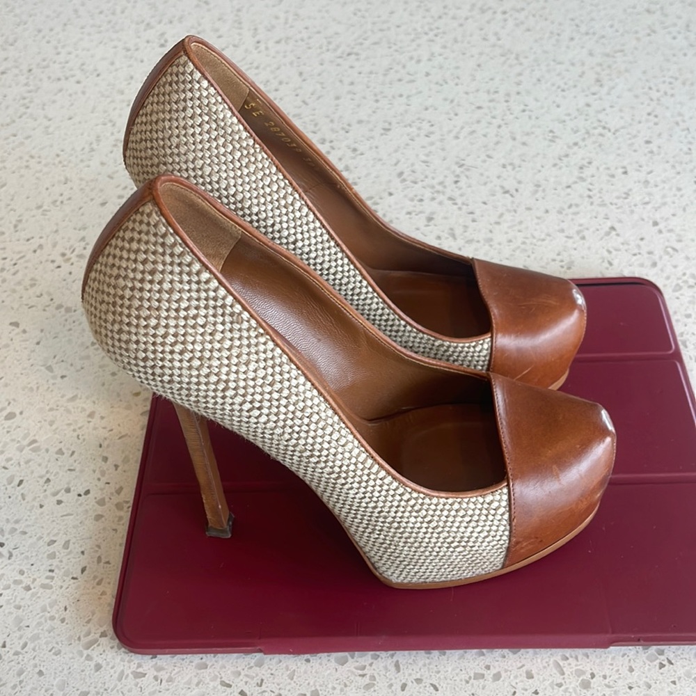 YSL TRIBOO BROWN LEATHER/IVORY TWEED PLATFORMS SIZE 38 1/2 USED